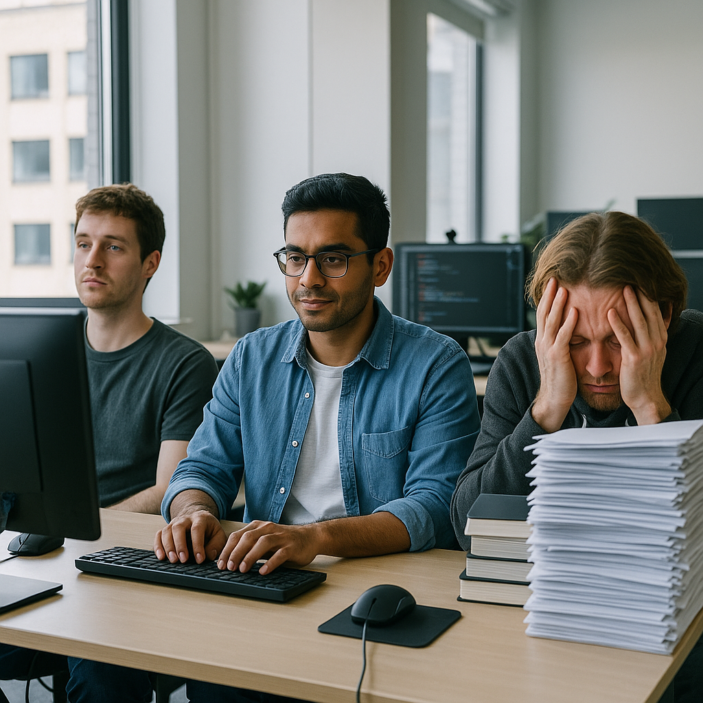 Three developers representing being under low pressure, effective, and burnt out